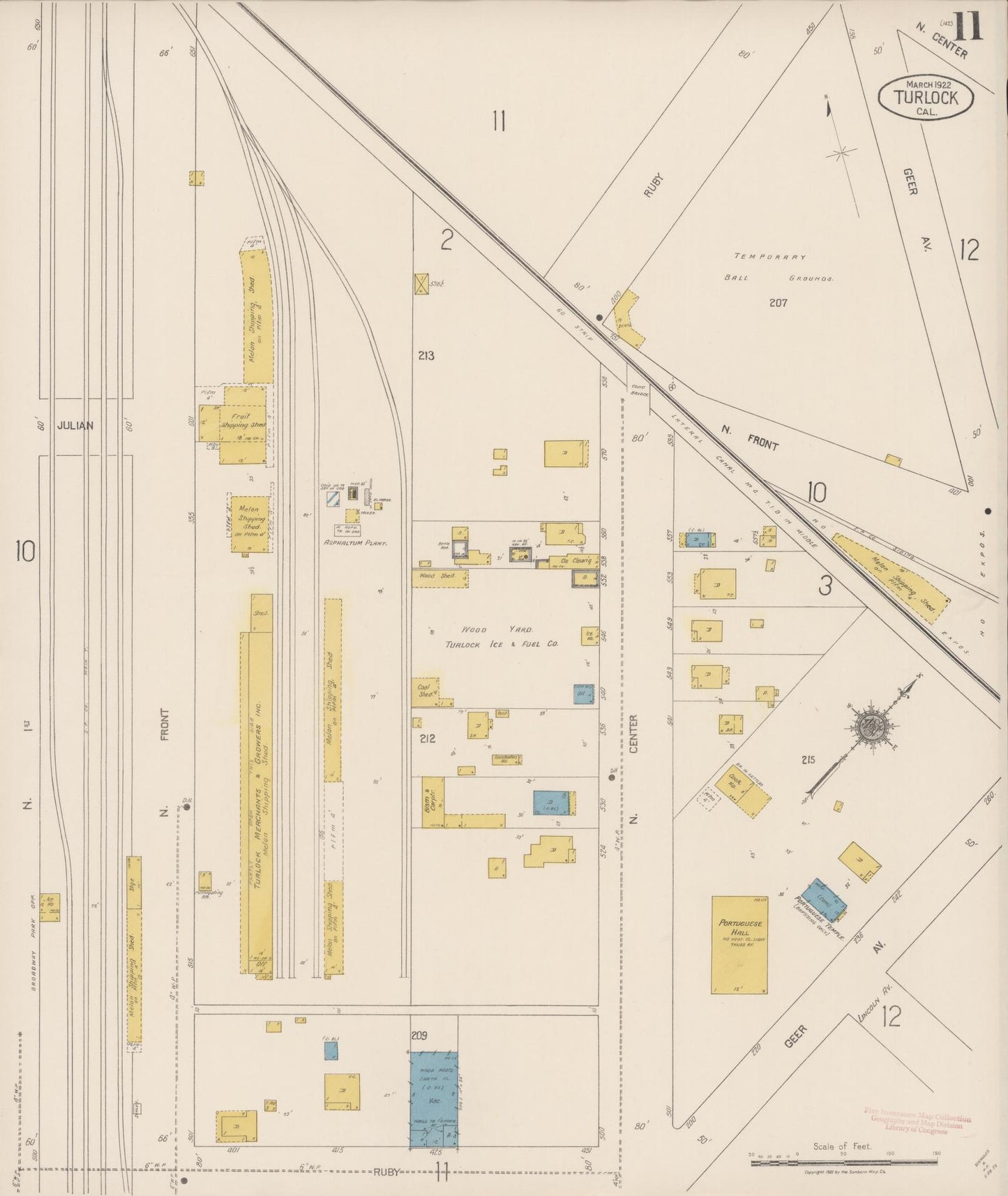 Sanborn Fire Insurance Map from Turlock, Stanislaus County, California (1922), Sheet #0011 - Complete Map Set gallery image, historic Sanborn map, vintage wall art, California California