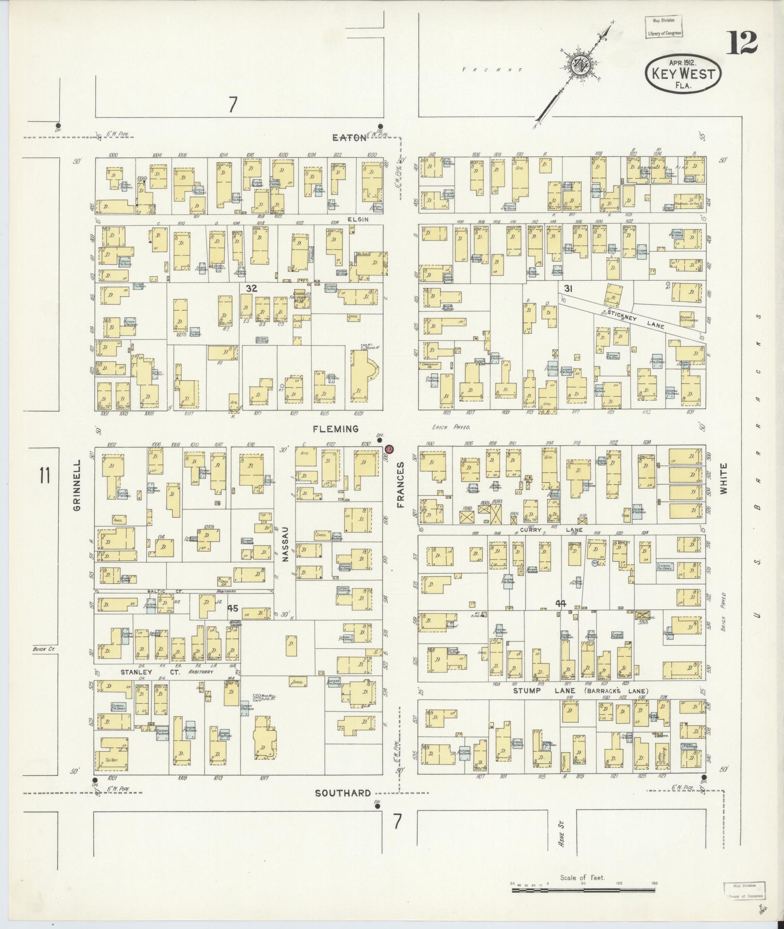 Sanborn Fire Insurance Map from Key West, Monroe County, Florida (1912), Sheet #0012 - Complete Map Set gallery image, historic Sanborn map, vintage wall art, Florida Florida