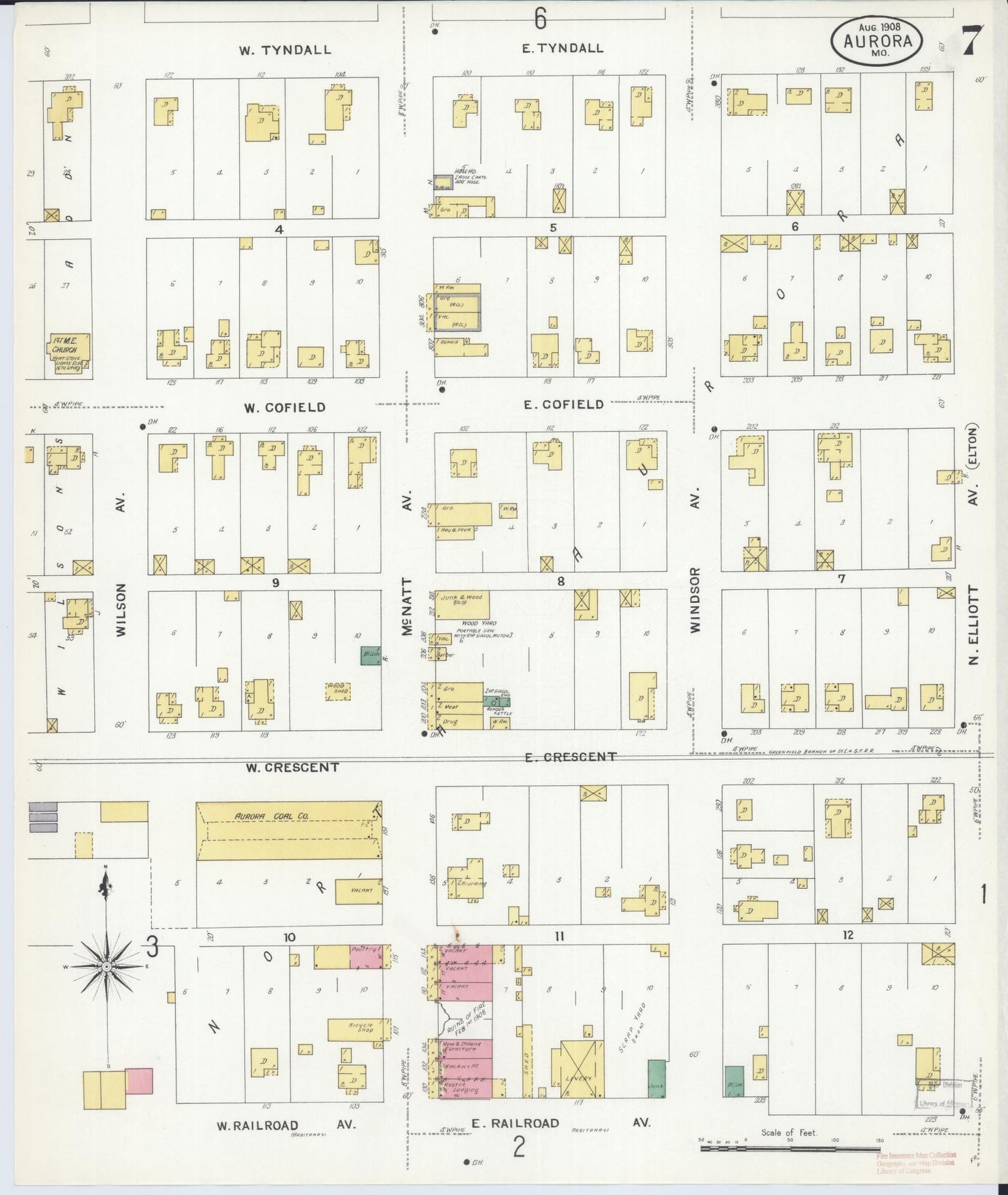 Sanborn Fire Insurance Map from Aurora, Lawrence County, Missouri (1908), Sheet #0007 - Historic Sanborn Fire Insurance Map Print, vintage old map wall art, antique decor, genealogy gift, Missouri Missouri map