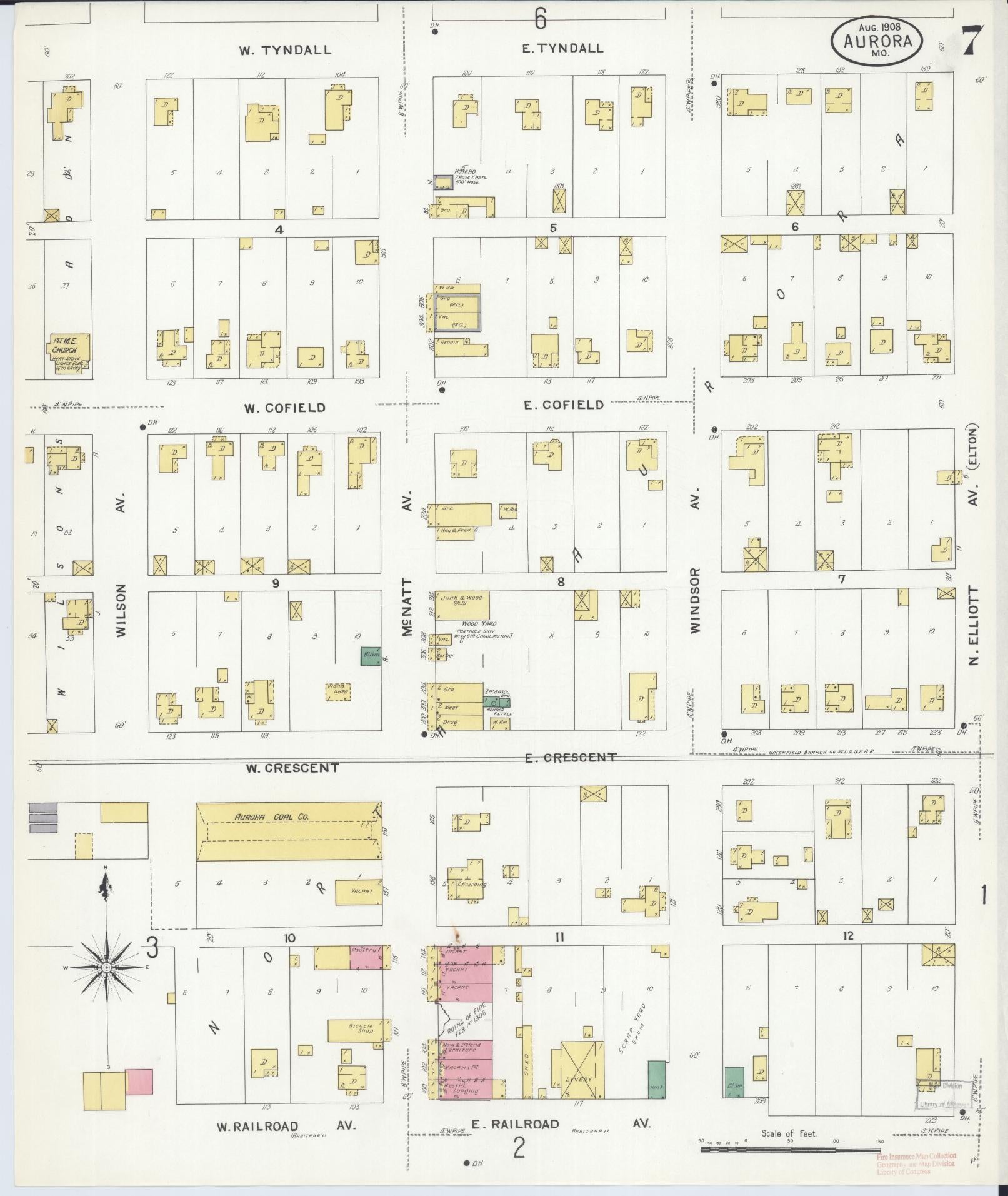 Sanborn Fire Insurance Map from Aurora, Lawrence County, Missouri (1908), Sheet #0007 - Historic Sanborn Fire Insurance Map Print, vintage old map wall art, antique decor, genealogy gift, Missouri Missouri map