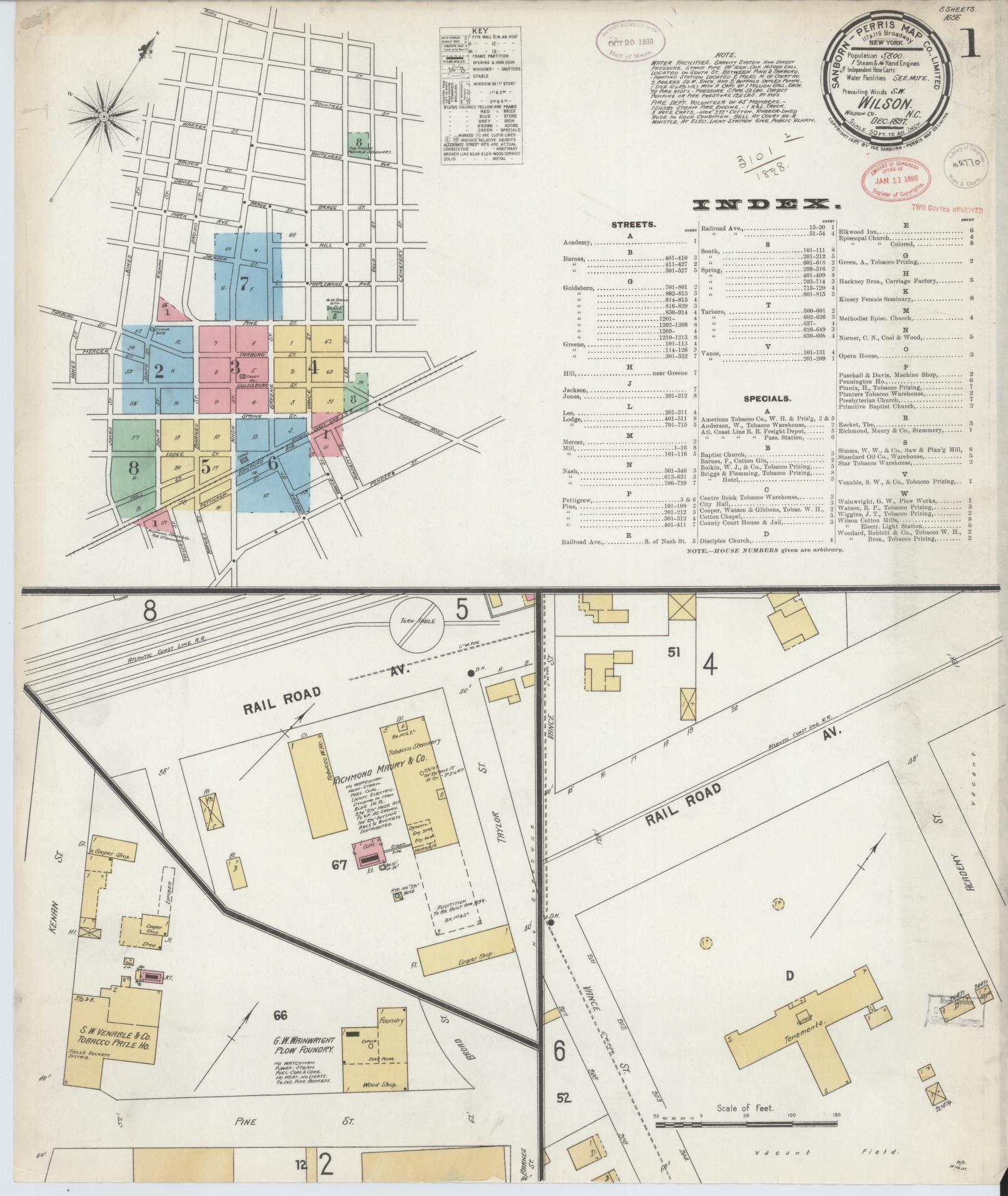 Sanborn Fire Insurance Map from Wilson, Wilson County, North Carolina (1897), Sheet #0001 - Historic Sanborn Fire Insurance Map Print, vintage old map wall art, antique decor, genealogy gift, North Carolina North Carolina map