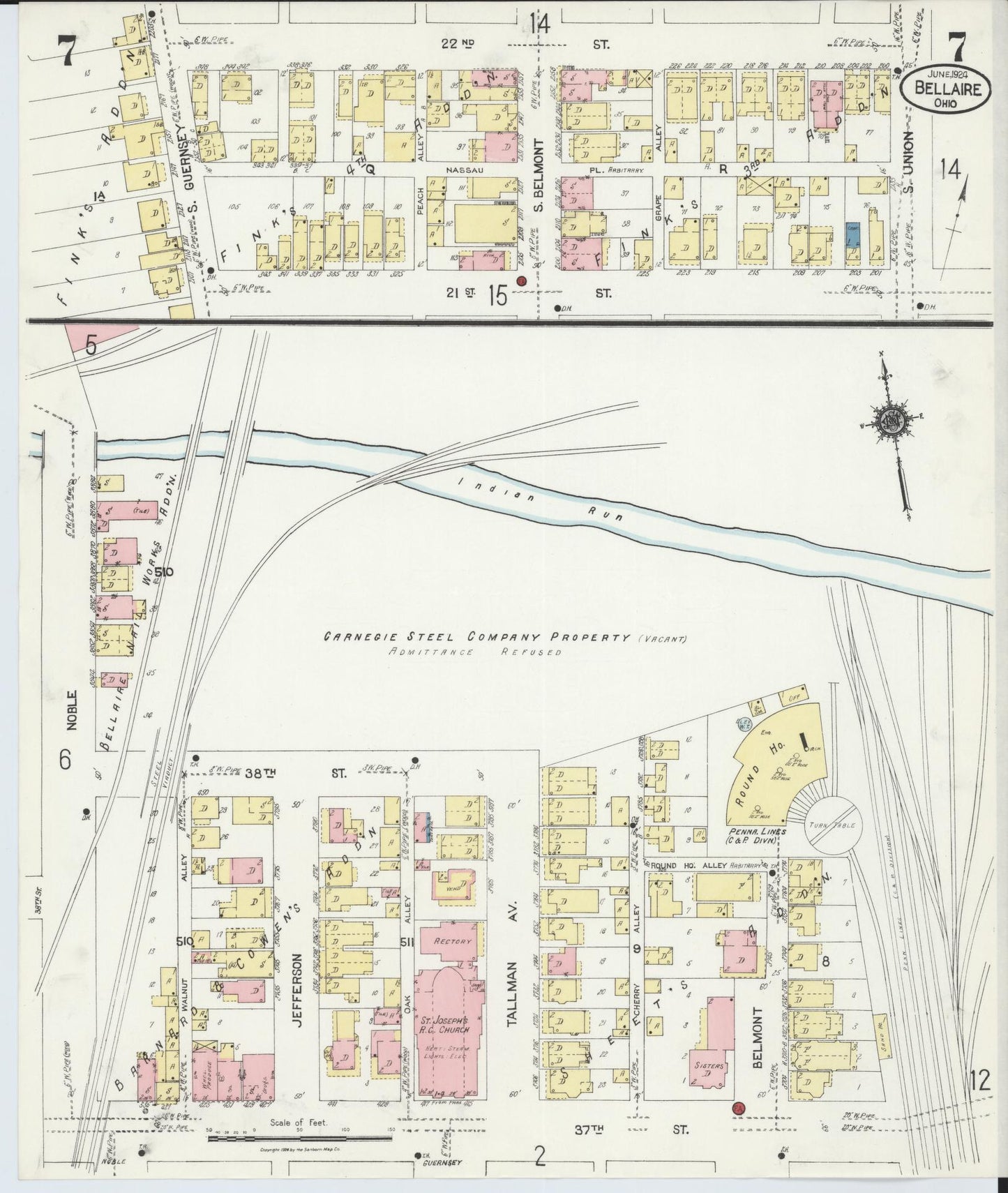 Sanborn Fire Insurance Map from Bellaire, Belmont County, Ohio (1924), Sheet #0007 - Historic Sanborn Fire Insurance Map Print, vintage old map wall art, antique decor, genealogy gift, Ohio Ohio map