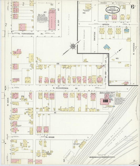 Sanborn Fire Insurance Map from Lansdale, Montgomery County, Pennsylvania (1914), Sheet #0006 - Historic Sanborn Fire Insurance Map Print, vintage old map wall art, antique decor, genealogy gift, Pennsylvania Pennsylvania map