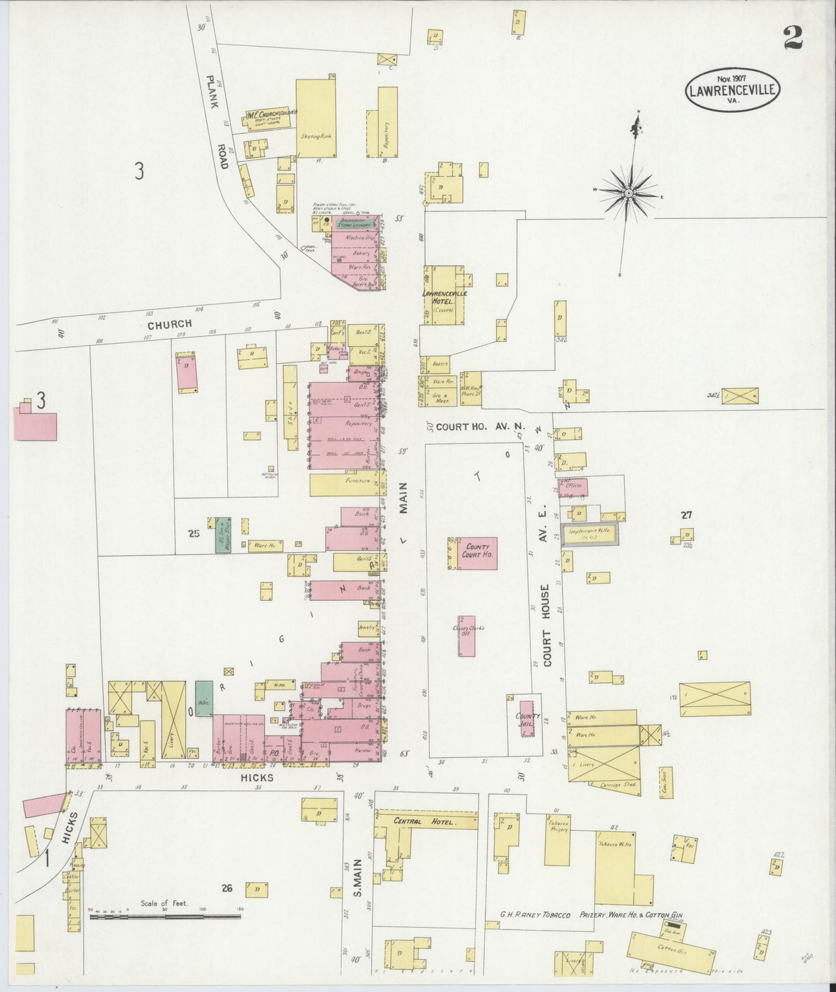 Sanborn Fire Insurance Map from Lawrenceville, Brunswick County, Virginia (1907), Sheet #0002 - Complete Map Set gallery image, historic Sanborn map, vintage wall art, Virginia Virginia