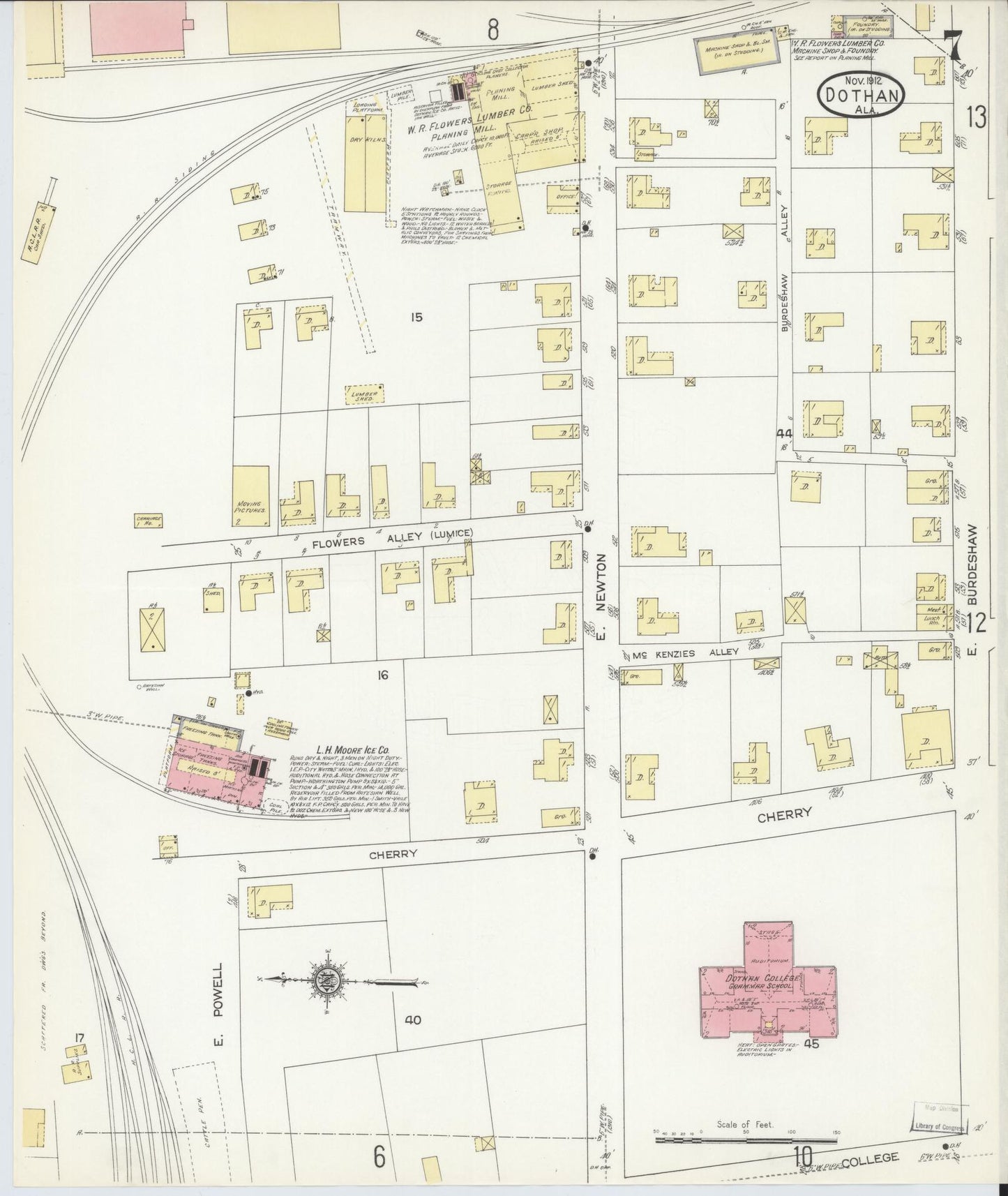 Sanborn Fire Insurance Map from Dothan, Houston County, Alabama (1912), Sheet #0007 - Historic Sanborn Fire Insurance Map Print, vintage old map wall art, antique decor, genealogy gift, Alabama Alabama map