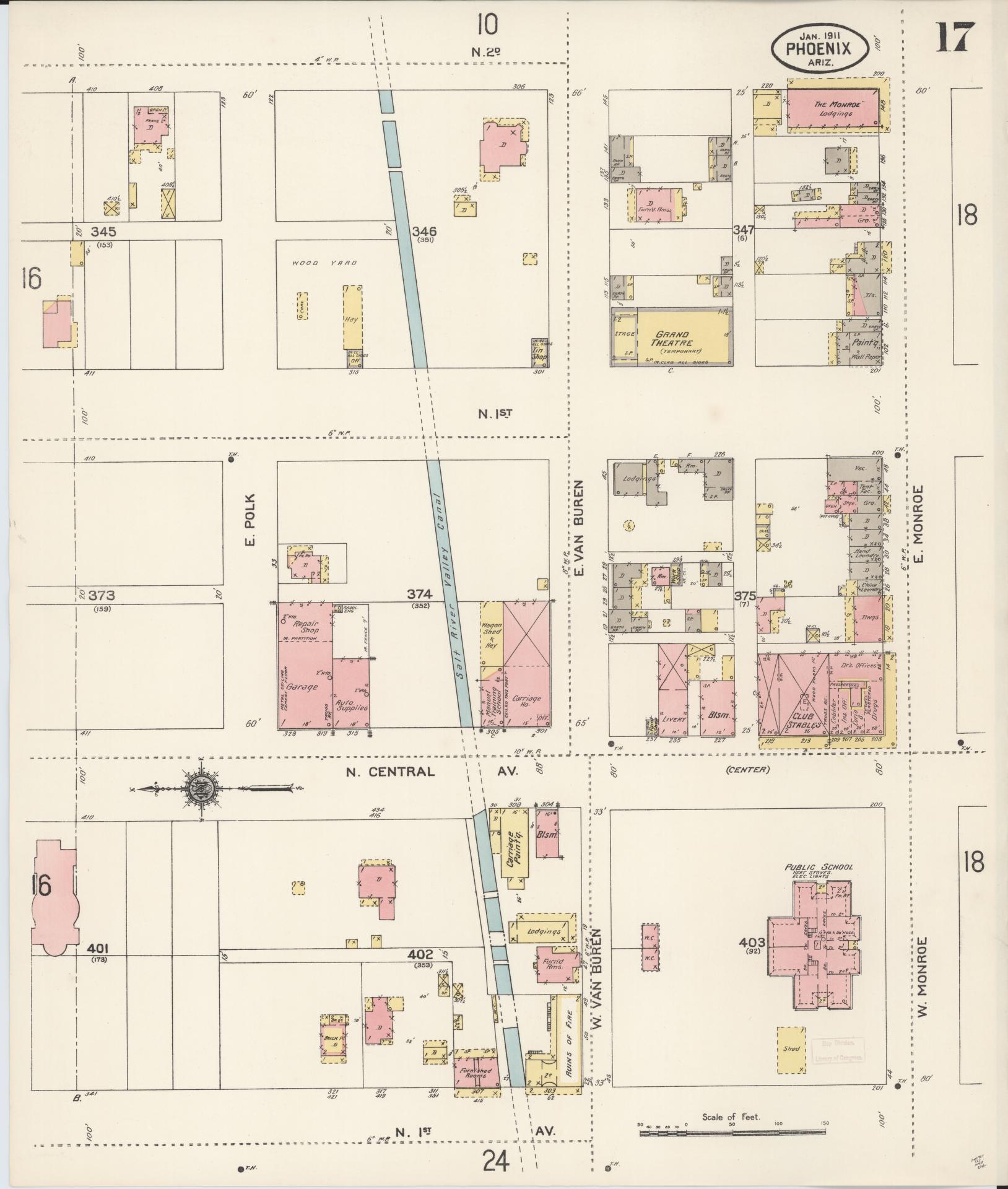 Sanborn Fire Insurance Map from Phoenix, Maricopa County, Arizona (1911), Sheet #0017 - Complete Map Set gallery image, historic Sanborn map, vintage wall art, Arizona Arizona