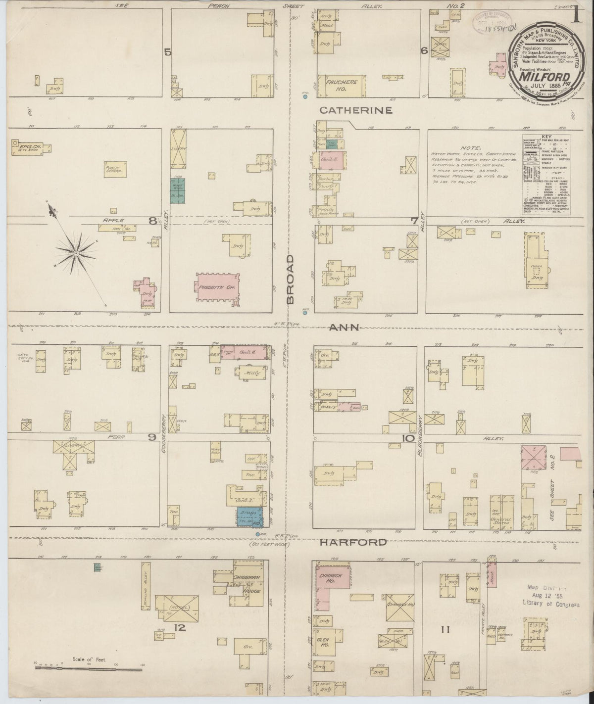 Sanborn Fire Insurance Map from Milford, Pike County, Pennsylvania (1885), Sheet #0001 - Historic Sanborn Fire Insurance Map Print, vintage old map wall art, antique decor, genealogy gift, Pennsylvania Pennsylvania map