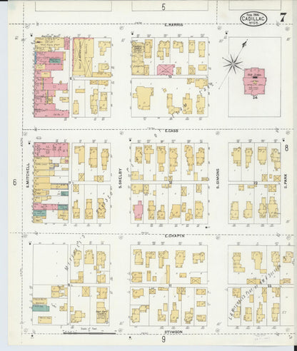 Sanborn Fire Insurance Map from Cadillac, Wexford County, Michigan (1906), Sheet #0007 - Historic Sanborn Fire Insurance Map Print, vintage old map wall art, antique decor, genealogy gift, Michigan Michigan map