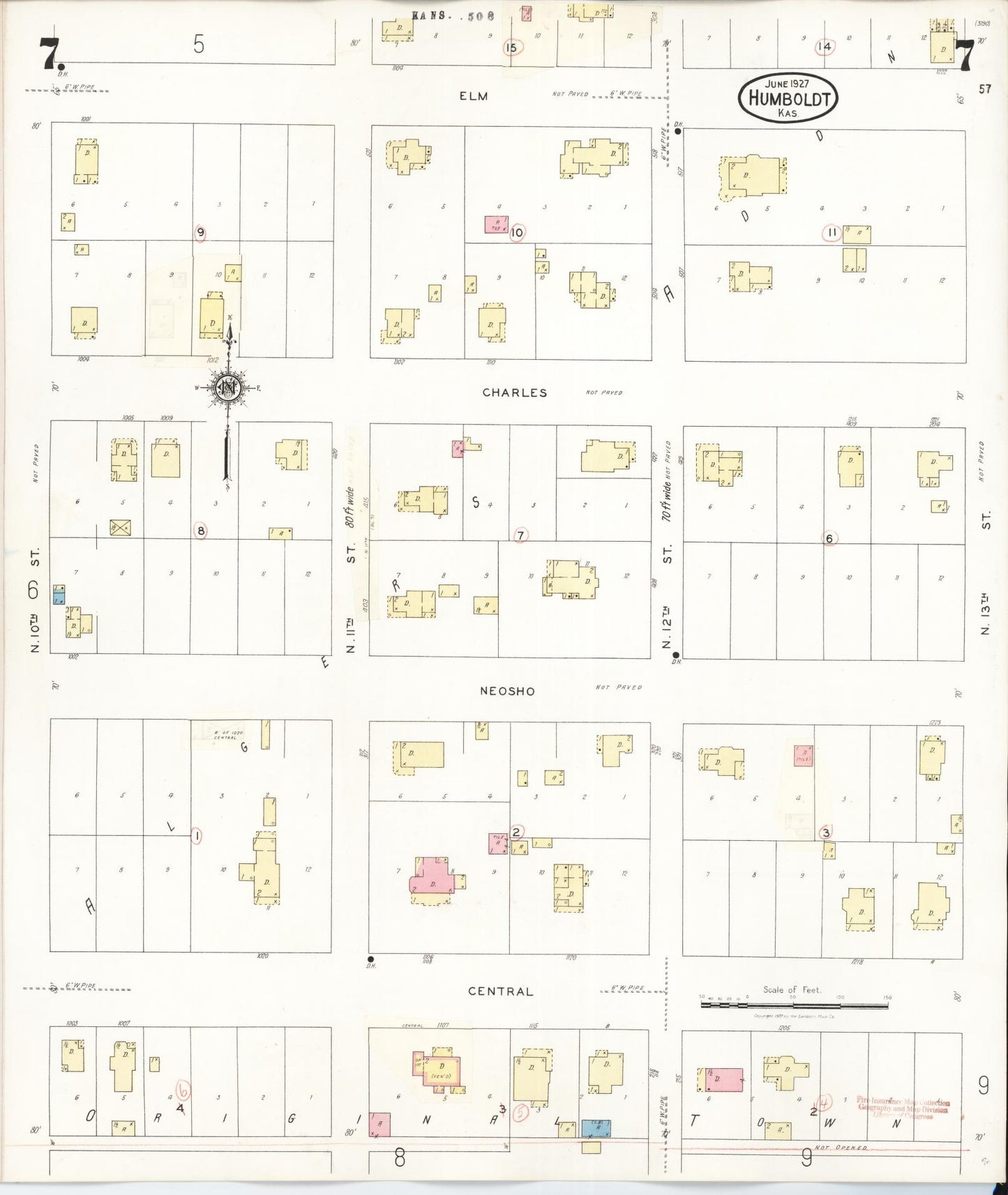 Sanborn Fire Insurance Map from Humboldt, Allen County, Kansas (1936), Sheet #0007 - Historic Sanborn Fire Insurance Map Print, vintage old map wall art, antique decor, genealogy gift, Kansas Kansas map