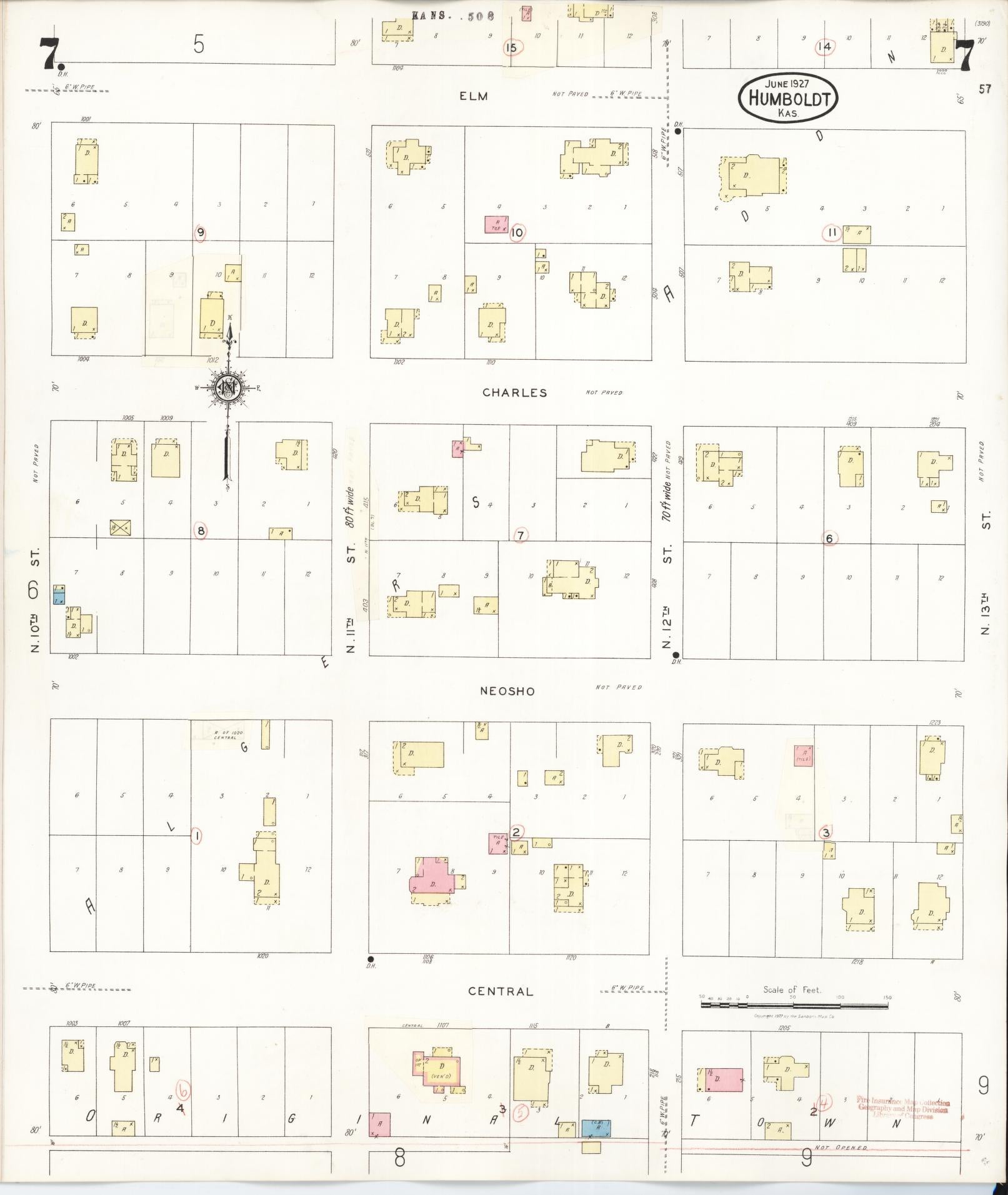 Sanborn Fire Insurance Map from Humboldt, Allen County, Kansas (1936), Sheet #0007 - Historic Sanborn Fire Insurance Map Print, vintage old map wall art, antique decor, genealogy gift, Kansas Kansas map