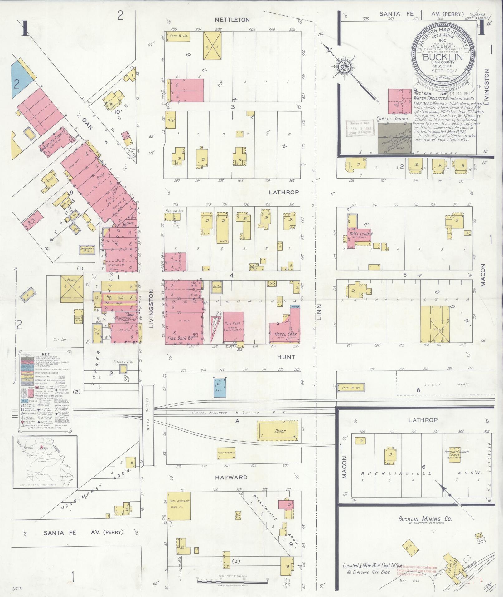 Sanborn Fire Insurance Map from Bucklin, Linn County, Missouri (1931), Sheet #0001 - Complete Map Set gallery image, historic Sanborn map, vintage wall art, Missouri Missouri