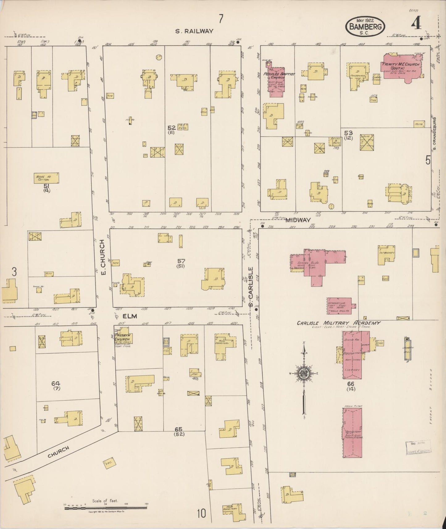 Sanborn Fire Insurance Map from Bamberg, Bamberg County, South Carolina (1922), Sheet #0004 - Complete Map Set gallery image, historic Sanborn map, vintage wall art, South Carolina South Carolina