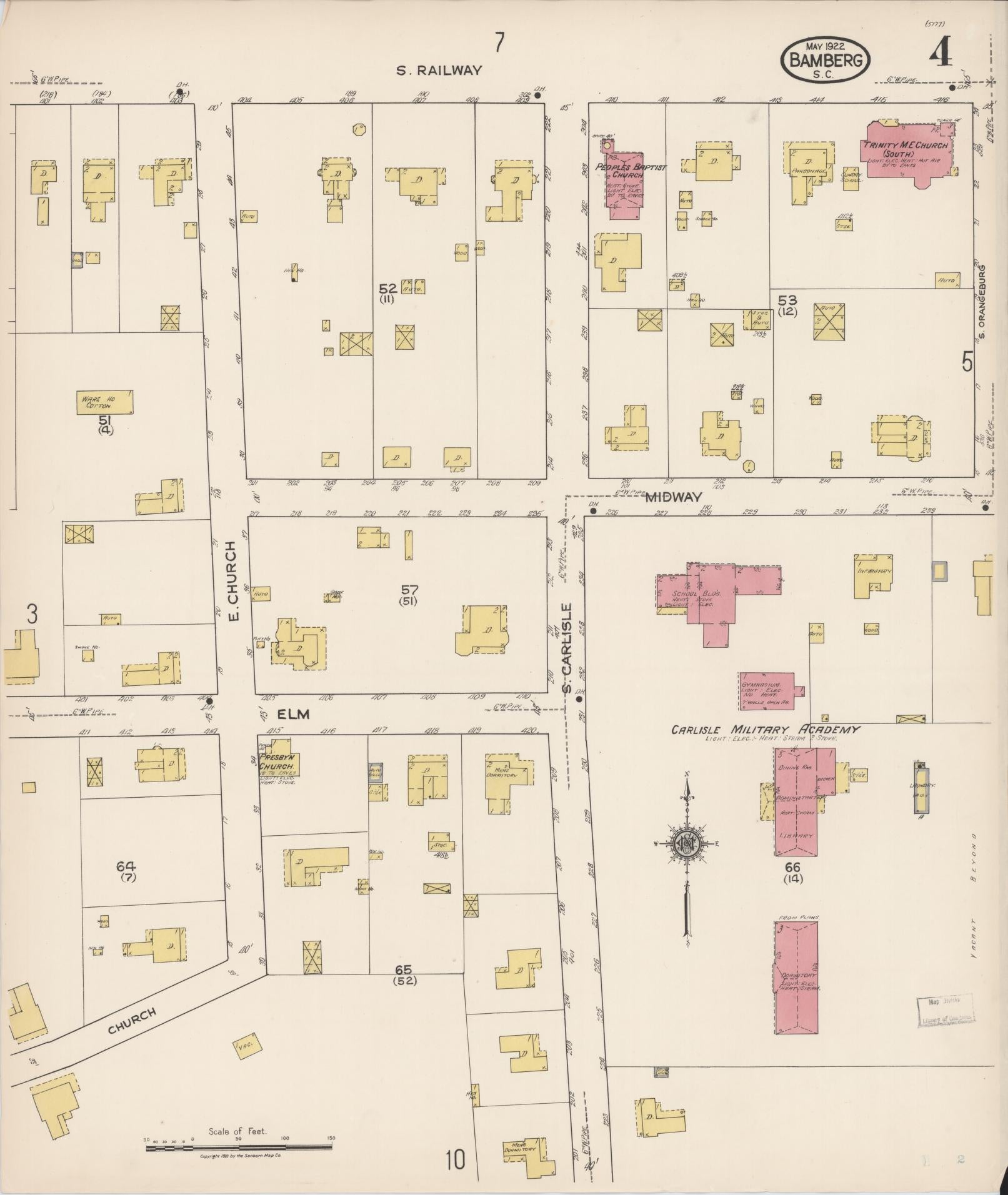 Sanborn Fire Insurance Map from Bamberg, Bamberg County, South Carolina (1922), Sheet #0004 - Complete Map Set gallery image, historic Sanborn map, vintage wall art, South Carolina South Carolina
