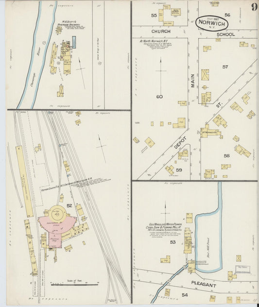Sanborn Fire Insurance Map from Norwich, Chenango County, New York (1887), Sheet #0009 - Historic Sanborn Fire Insurance Map Print, vintage old map wall art, antique decor, genealogy gift, New York New York map