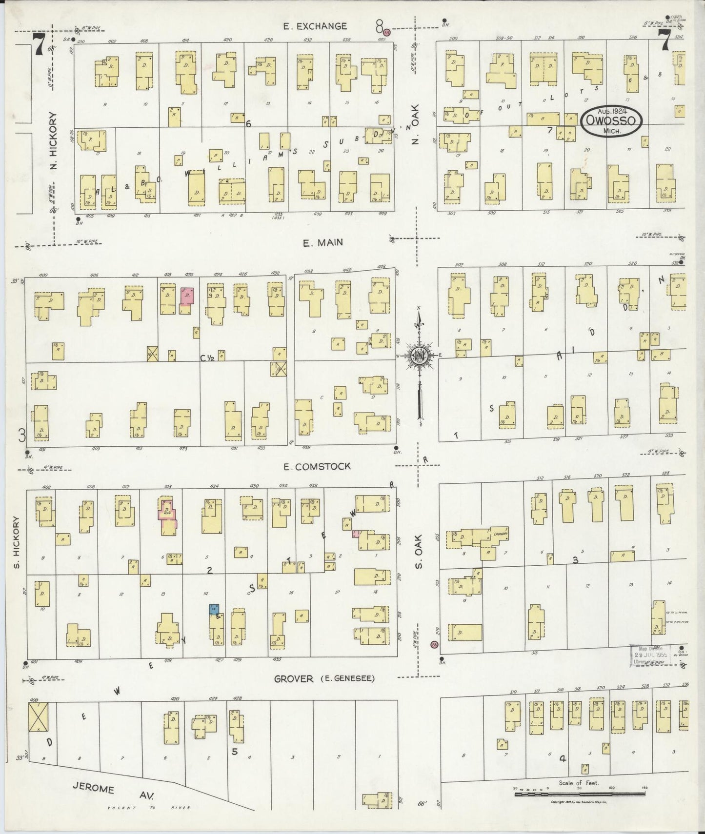Sanborn Fire Insurance Map from Owosso, Shiawassee County, Michigan (1924), Sheet #0007 - Historic Sanborn Fire Insurance Map Print, vintage old map wall art, antique decor, genealogy gift, Michigan Michigan map