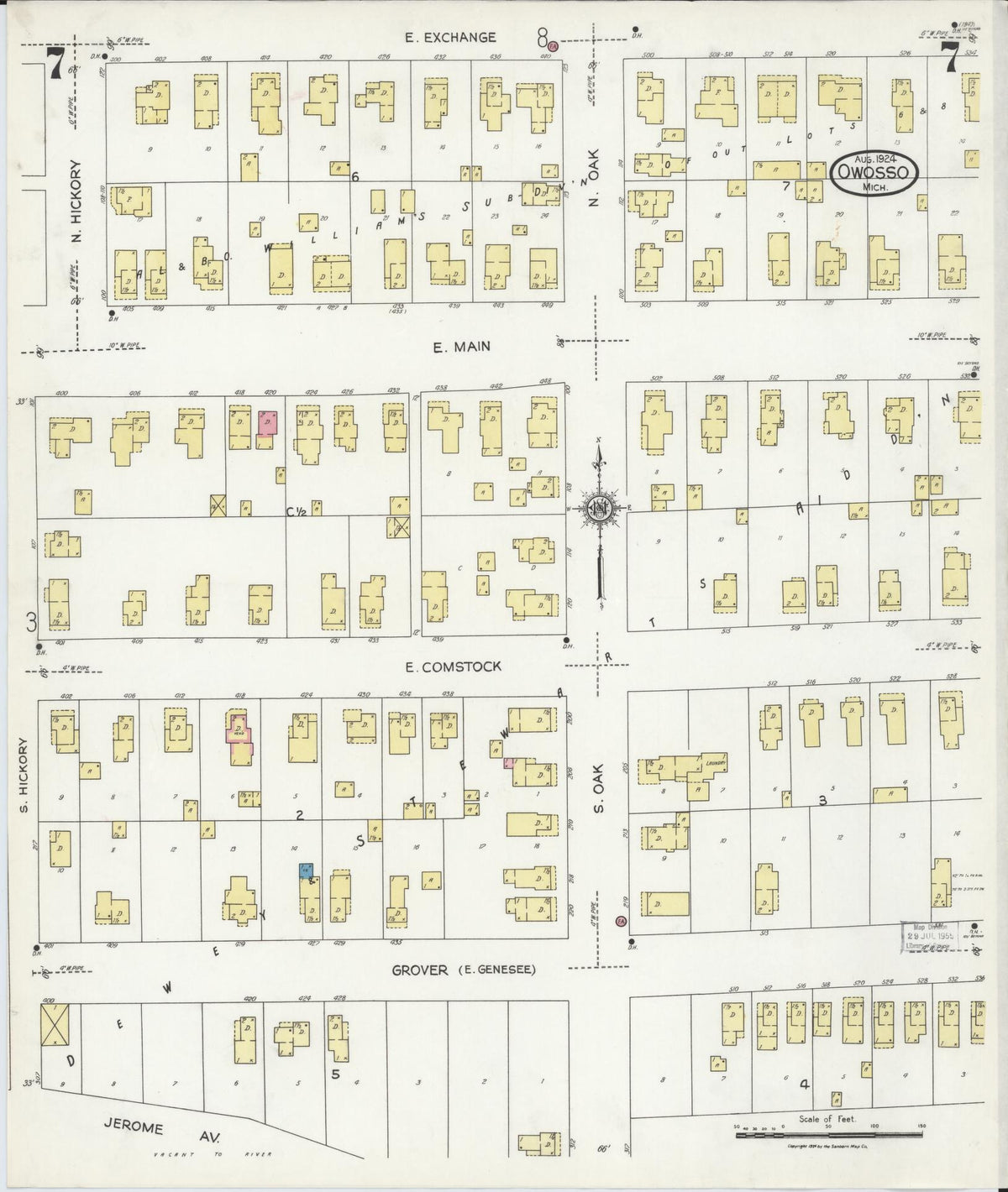 Sanborn Fire Insurance Map from Owosso, Shiawassee County, Michigan (1924), Sheet #0007 - Historic Sanborn Fire Insurance Map Print, vintage old map wall art, antique decor, genealogy gift, Michigan Michigan map