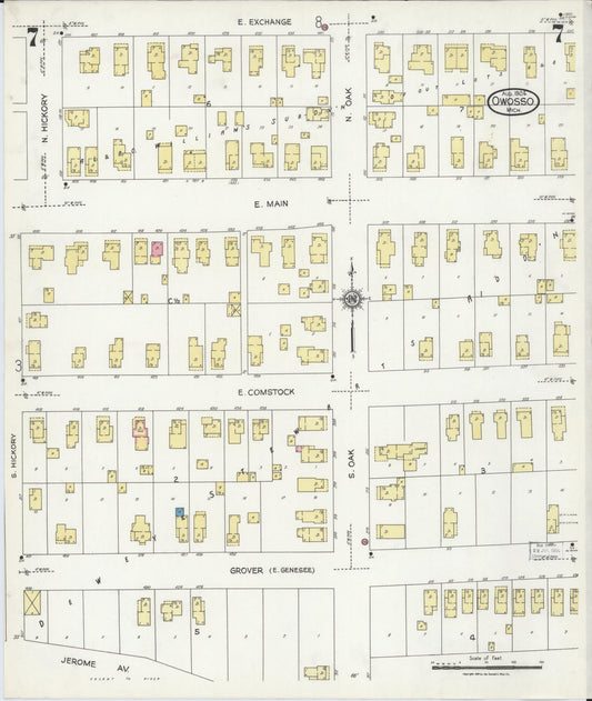 Sanborn Fire Insurance Map from Owosso, Shiawassee County, Michigan (1924), Sheet #0007 - Historic Sanborn Fire Insurance Map Print, vintage old map wall art, antique decor, genealogy gift, Michigan Michigan map