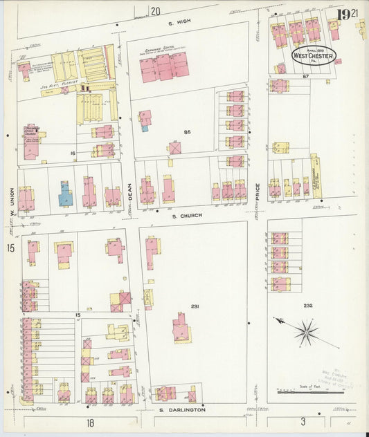 Sanborn Fire Insurance Map from West Chester, Chester County, Pennsylvania (1909), Sheet #0019 - Historic Sanborn Fire Insurance Map Print, vintage old map wall art, antique decor, genealogy gift, Pennsylvania Pennsylvania map