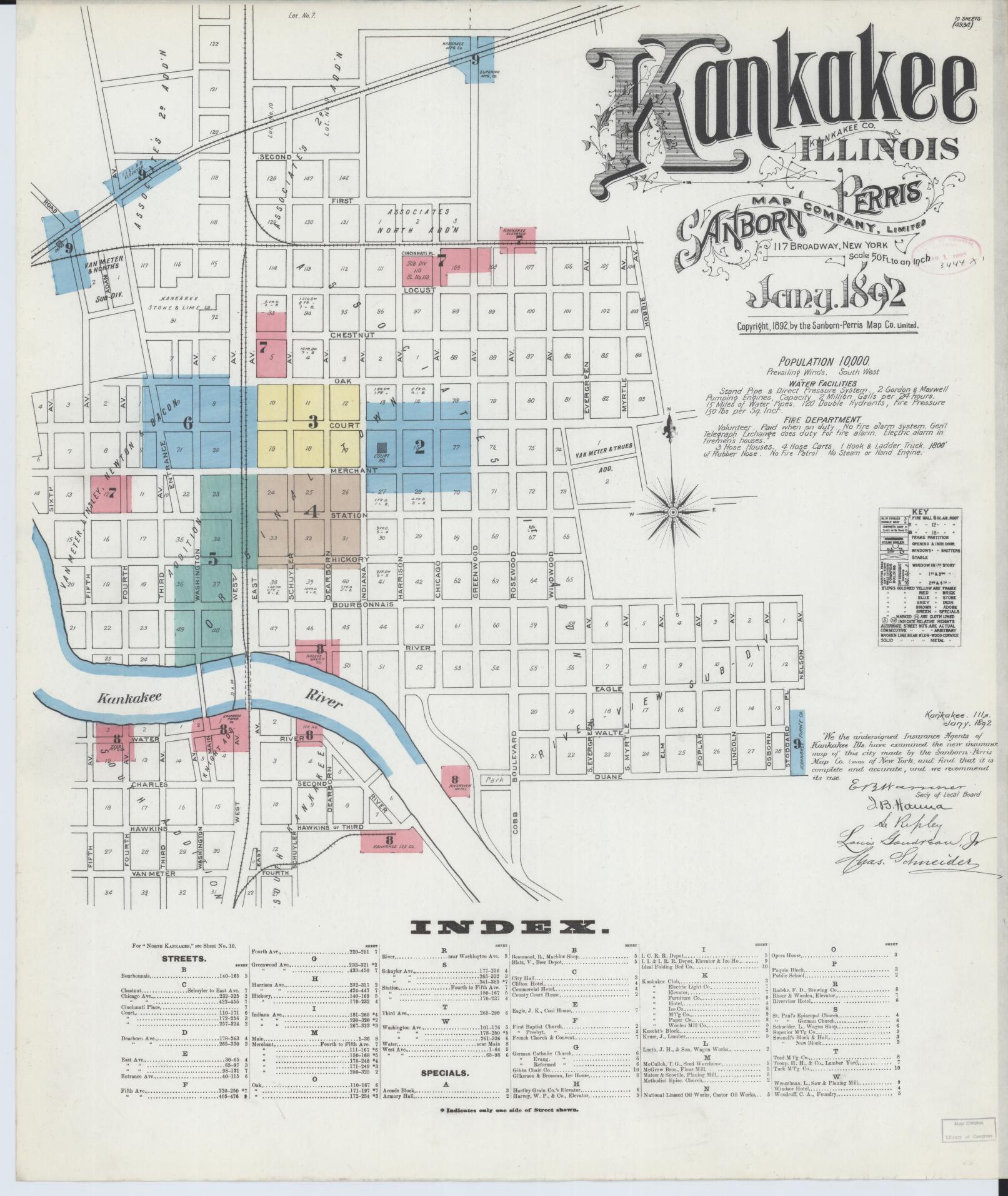 Sanborn Fire Insurance Map from Kankakee, Kankakee County, Illinois (1892), Sheet #0001 - Complete Map Set gallery image, historic Sanborn map, vintage wall art, Illinois Illinois