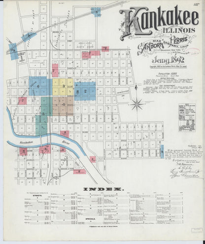 Sanborn Fire Insurance Map from Kankakee, Kankakee County, Illinois (1892), Sheet #0001 - Complete Map Set gallery image, historic Sanborn map, vintage wall art, Illinois Illinois