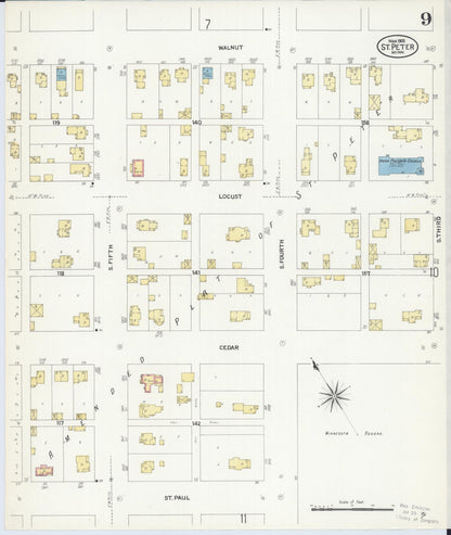 Sanborn Fire Insurance Map from Saint Peter, Nicollet County, Minnesota (1908), Sheet #0009 - Historic Sanborn Fire Insurance Map Print, vintage old map wall art, antique decor, genealogy gift, Minnesota Minnesota map