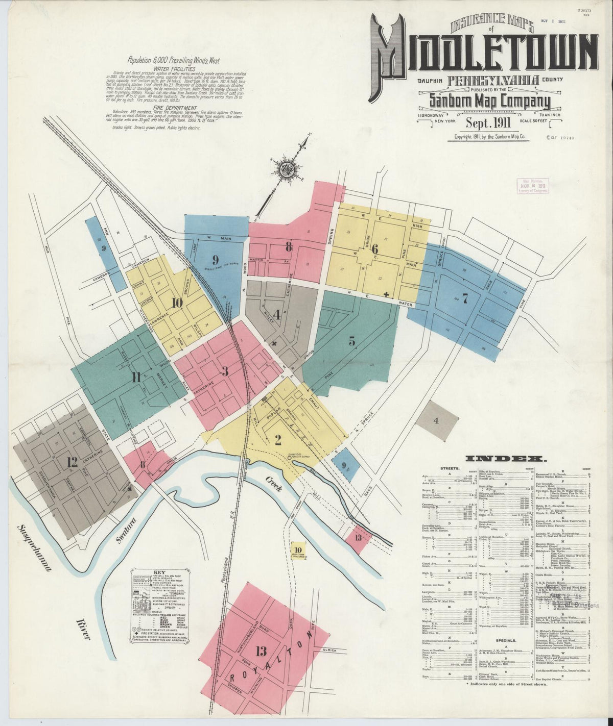 Sanborn Fire Insurance Map from Middletown, Dauphin County, Pennsylvania (1911), Sheet #0001 - Historic Sanborn Fire Insurance Map Print, vintage old map wall art, antique decor, genealogy gift, Pennsylvania Pennsylvania map