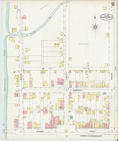 Sanborn Fire Insurance Map from Blairsville, Indiana County, Pennsylvania (1897), Sheet #0002 - Historic Sanborn Fire Insurance Map Print, vintage old map wall art, antique decor, genealogy gift, Blairsville Indiana map