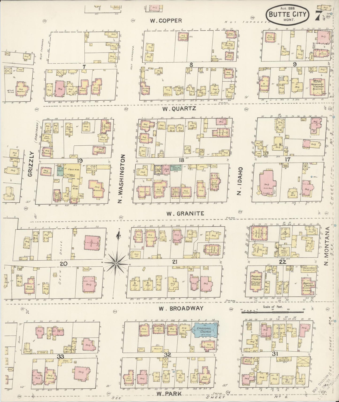 Sanborn Fire Insurance Map from Butte, Silver Bow County, Montana (1888), Sheet #0007 - Complete Map Set gallery image, historic Sanborn map, vintage wall art, Montana Montana