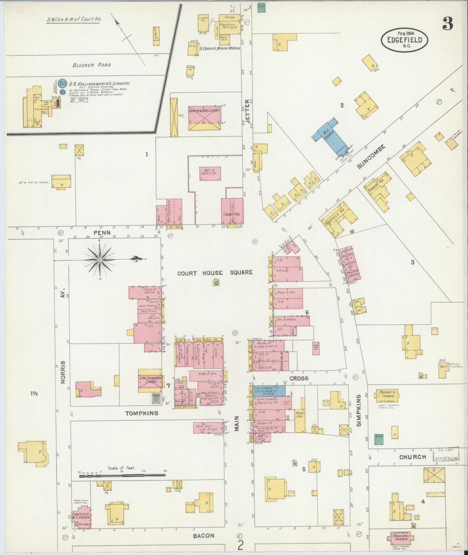 Sanborn Fire Insurance Map from Edgefield, Edgefield County, South Carolina (1904), Sheet #0003 - Historic Sanborn Fire Insurance Map Print, vintage old map wall art, antique decor, genealogy gift, South Carolina South Carolina map