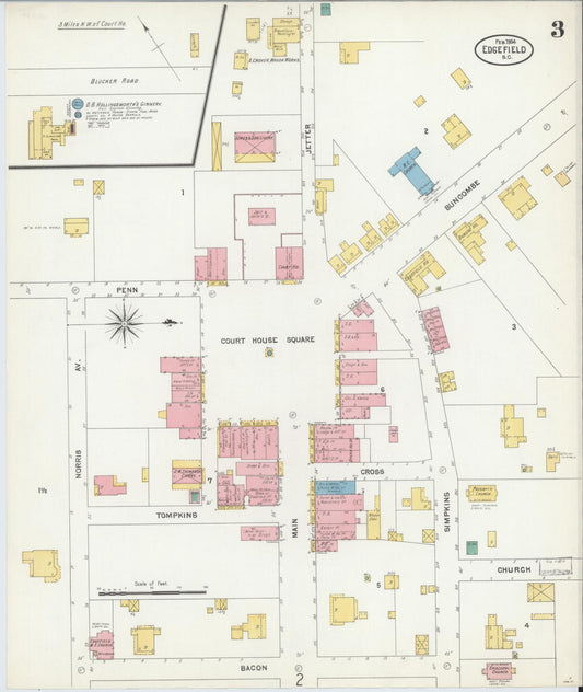 Sanborn Fire Insurance Map from Edgefield, Edgefield County, South Carolina (1904), Sheet #0003 - Historic Sanborn Fire Insurance Map Print, vintage old map wall art, antique decor, genealogy gift, South Carolina South Carolina map