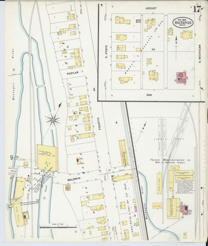 Sanborn Fire Insurance Map from Big Rapids, Mecosta County, Michigan (1908), Sheet #0017 - Complete Map Set gallery image, historic Sanborn map, vintage wall art, Michigan Michigan