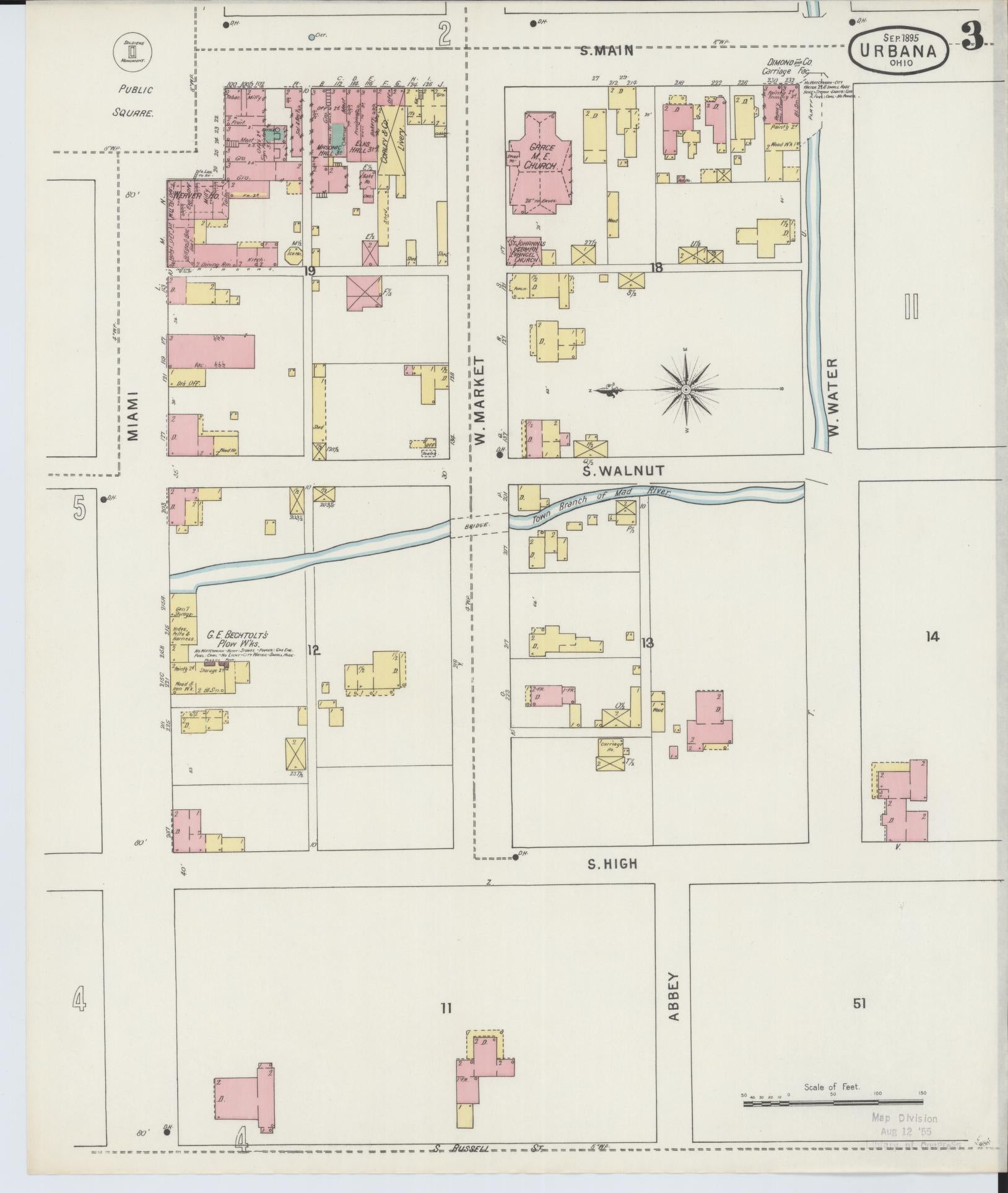 Sanborn Fire Insurance Map from Urbana, Champaign County, Ohio (1895), Sheet #0003 - Complete Map Set gallery image, historic Sanborn map, vintage wall art, Ohio Ohio