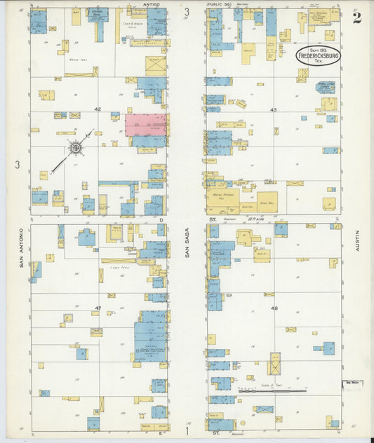 Sanborn Fire Insurance Map from Fredericksburg, Gillespie County, Texas (1915), Sheet #0002 - Historic Sanborn Fire Insurance Map Print, vintage old map wall art, antique decor, genealogy gift, Texas Texas map