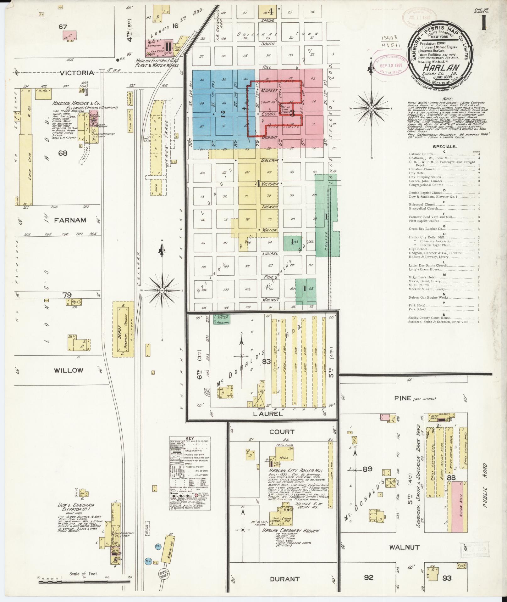 Sanborn Fire Insurance Map from Harlan, Shelby County, Iowa (1899), Sheet #0001 - Historic Sanborn Fire Insurance Map Print, vintage old map wall art