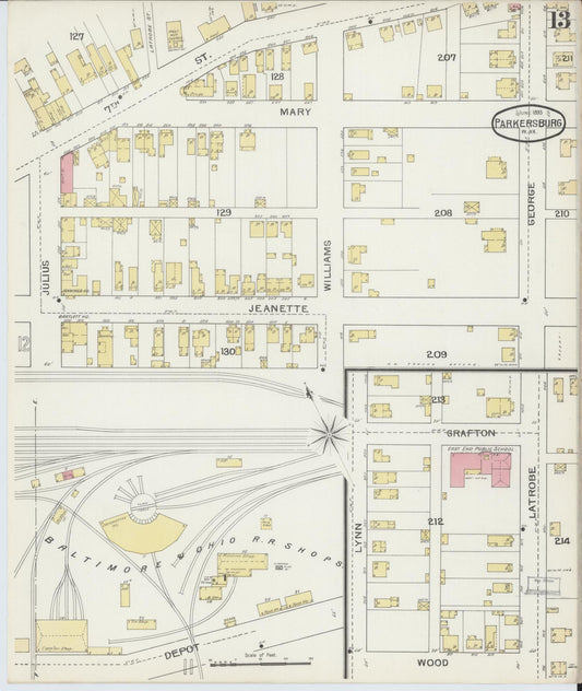 Sanborn Fire Insurance Map from Parkersburg, Wood County, West Virginia (1893), Sheet #0013 - Historic Sanborn Fire Insurance Map Print, vintage old map wall art, antique decor, genealogy gift, West Virginia West Virginia map