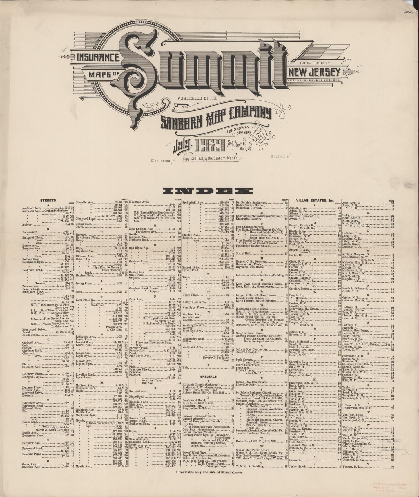 Sanborn Fire Insurance Map from Summit, Union County, New Jersey (1921), Sheet #0001 - Historic Sanborn Fire Insurance Map Print, vintage old map wall art, antique decor, genealogy gift, New Jersey New Jersey map