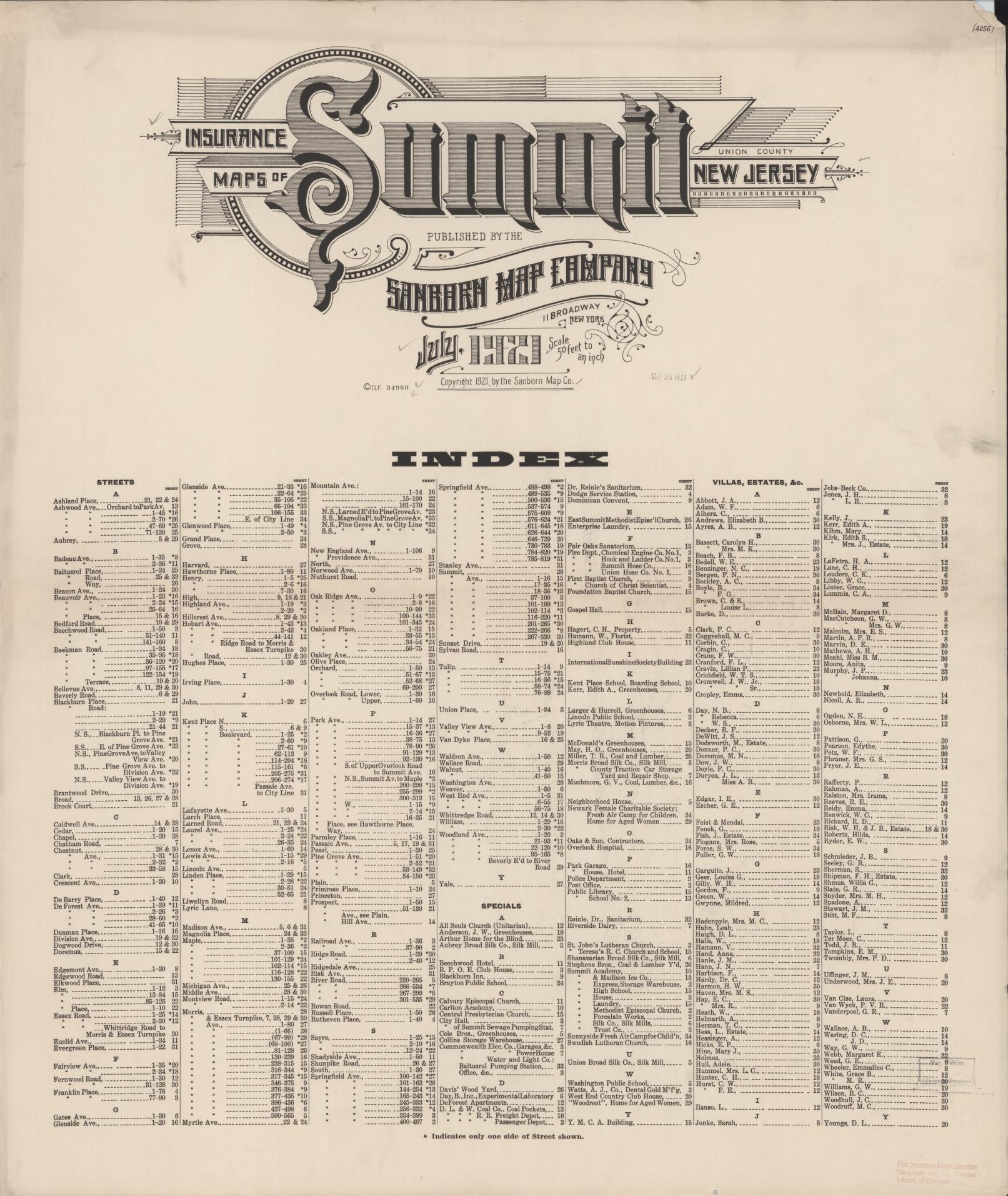 Sanborn Fire Insurance Map from Summit, Union County, New Jersey (1921), Sheet #0001 - Historic Sanborn Fire Insurance Map Print, vintage old map wall art, antique decor, genealogy gift, New Jersey New Jersey map
