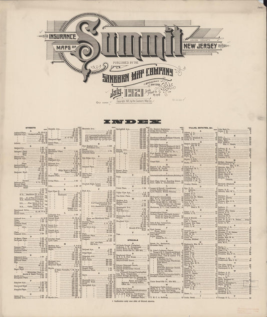 Sanborn Fire Insurance Map from Summit, Union County, New Jersey (1921), Sheet #0001 - Historic Sanborn Fire Insurance Map Print, vintage old map wall art, antique decor, genealogy gift, New Jersey New Jersey map
