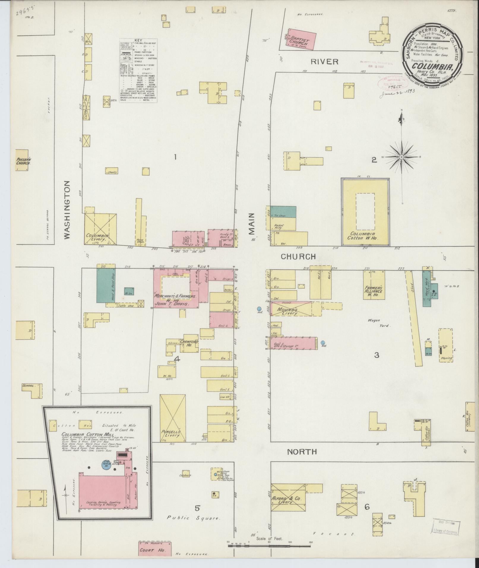 Sanborn Fire Insurance Map from Columbia, Houston County, Alabama (1893), Sheet #0001 - Historic Sanborn Fire Insurance Map Print, vintage old map wall art, antique decor, genealogy gift, Alabama Alabama map