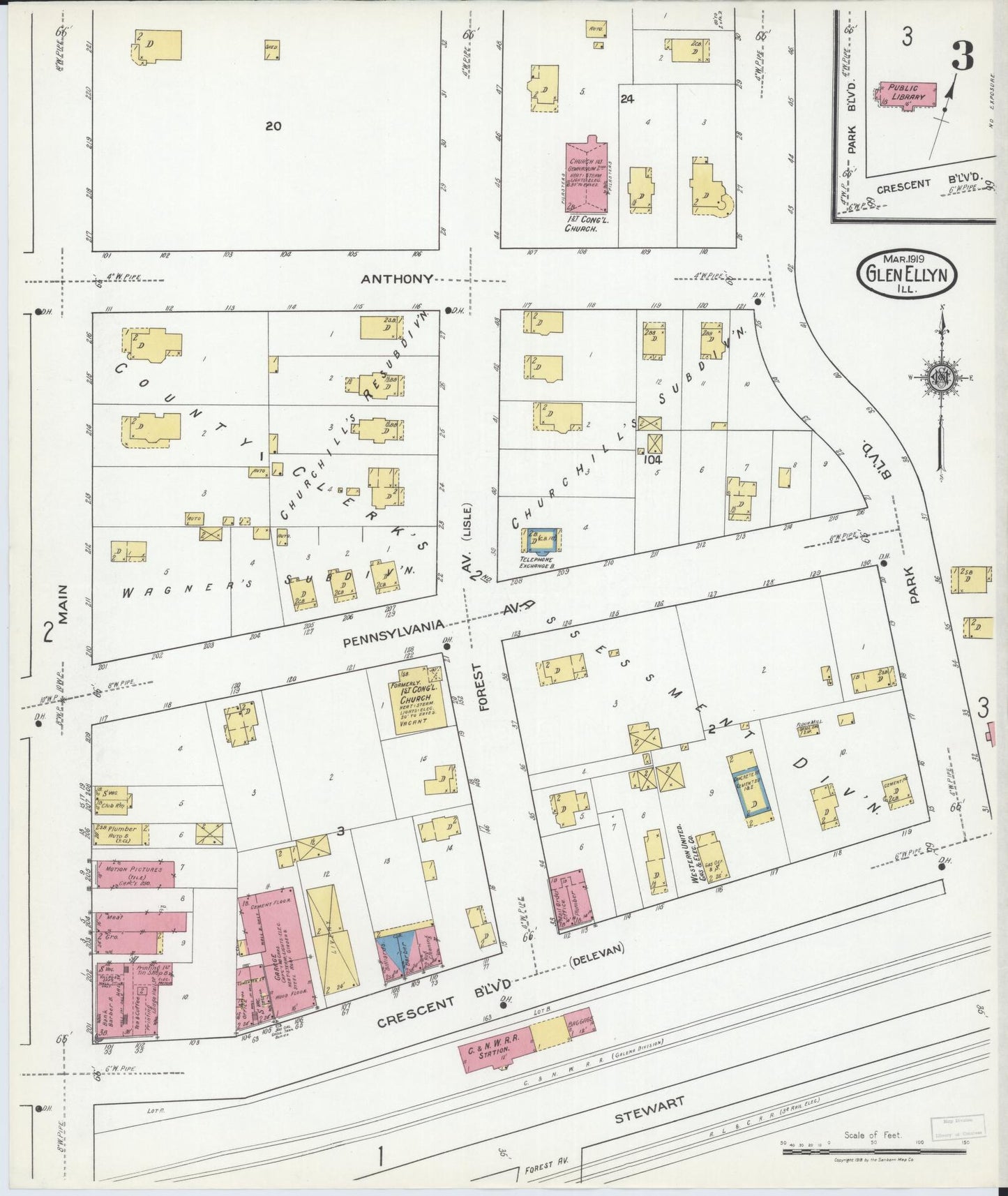Sanborn Fire Insurance Map from Glen Ellyn, Du Page County, Illinois (1919), Sheet #0003 - Complete Map Set gallery image, historic Sanborn map, vintage wall art, Illinois Illinois