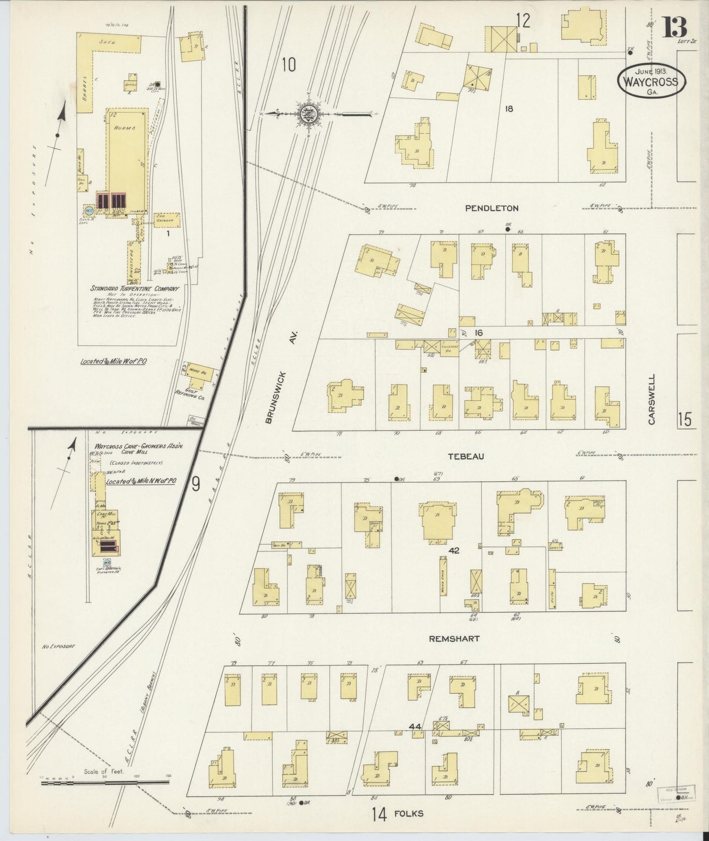 Sanborn Fire Insurance Map from Waycross, Ware County, Georgia (1913), Sheet #0013 - Complete Map Set gallery image, historic Sanborn map, vintage wall art, Georgia Georgia