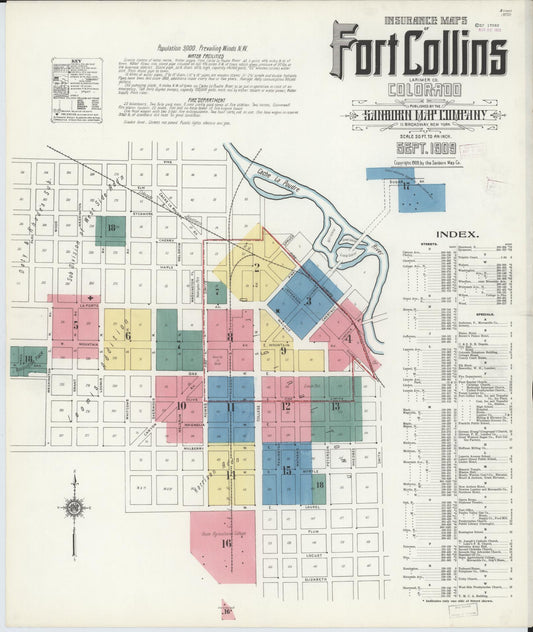 Sanborn Fire Insurance Map from Fort Collins, Larimer County, Colorado (1909), Sheet #0001 - Complete Map Set gallery image, historic Sanborn map, vintage wall art, Colorado Colorado