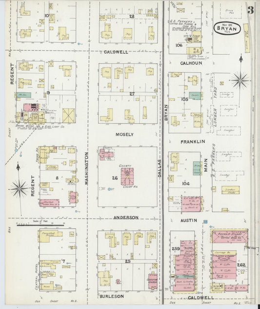 Sanborn Fire Insurance Map from Bryan, Brazos County, Texas (1891), Sheet #0003 - Historic Sanborn Fire Insurance Map Print, vintage old map wall art, antique decor, genealogy gift, Texas Texas map