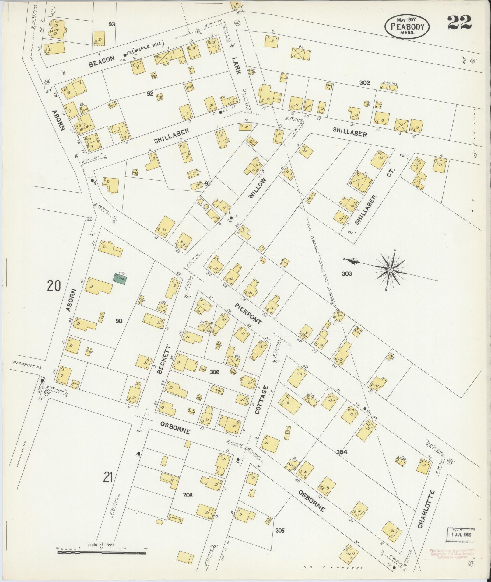 Sanborn Fire Insurance Map from Peabody, Essex County, Massachusetts (1907), Sheet #0022 - Complete Map Set gallery image, historic Sanborn map, vintage wall art, Massachusetts Massachusetts