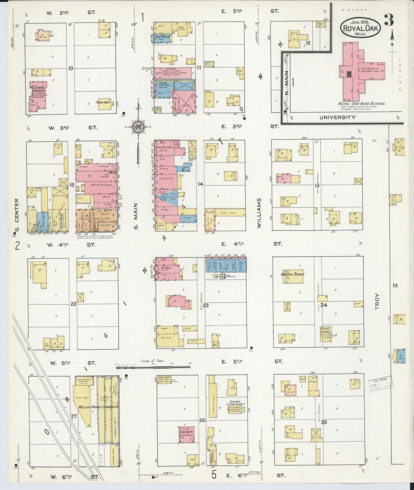 Sanborn Fire Insurance Map from Royal Oak, Oakland County, Michigan (1916), Sheet #0003 - Complete Map Set gallery image, historic Sanborn map, vintage wall art, Michigan Michigan