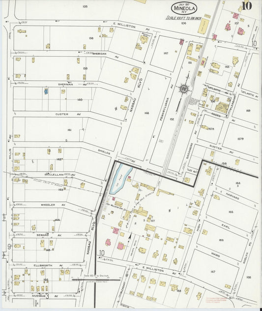Sanborn Fire Insurance Map from Mineola, Nassau County, New York (1917), Sheet #0010 - Historic Sanborn Fire Insurance Map Print, vintage old map wall art, antique decor, genealogy gift, New York New York map