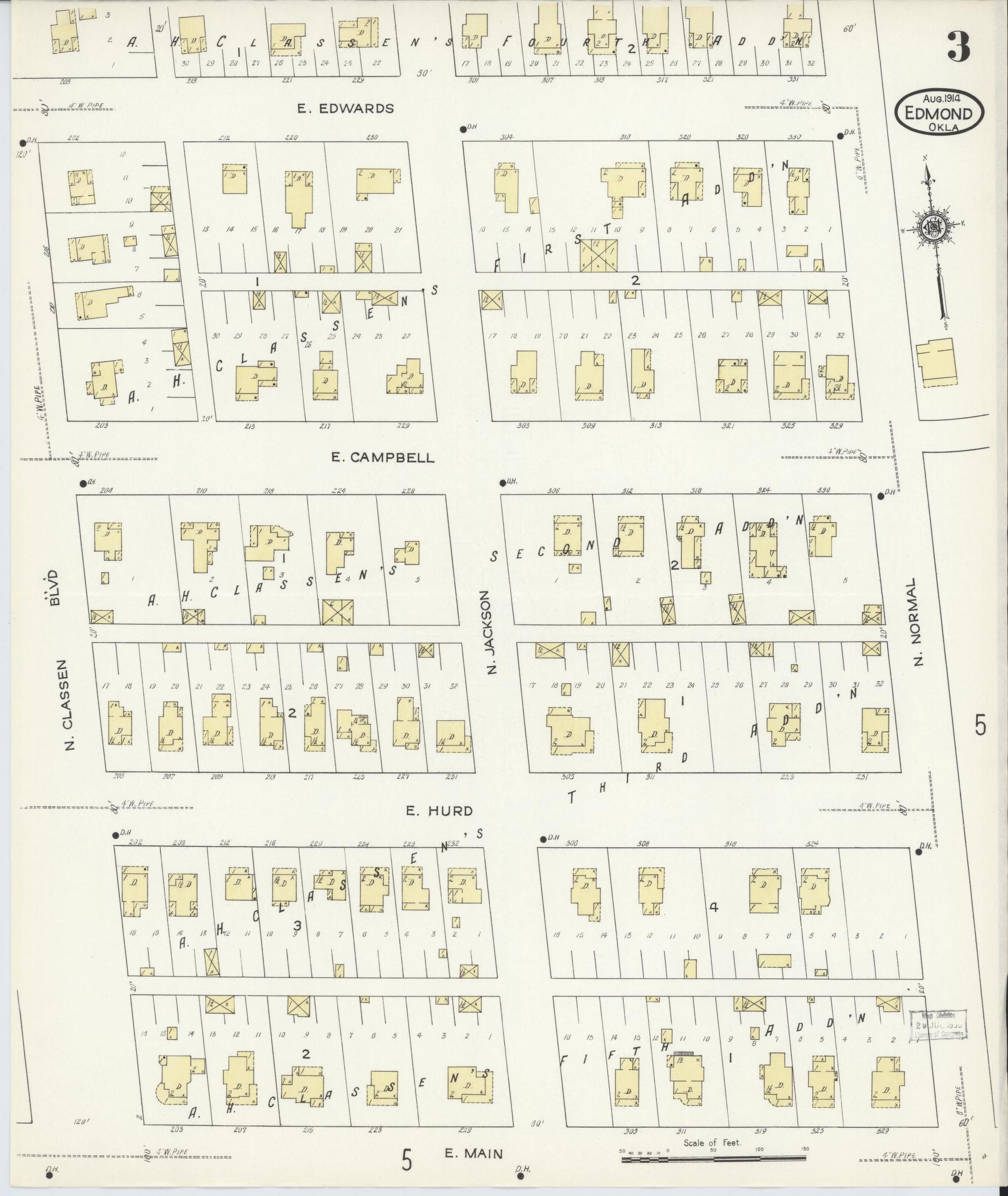 Sanborn Fire Insurance Map from Edmond, Oklahoma County, Oklahoma (1914), Sheet #0003 - Historic Sanborn Fire Insurance Map Print, vintage old map wall art, antique decor, genealogy gift, Edmond Oklahoma map