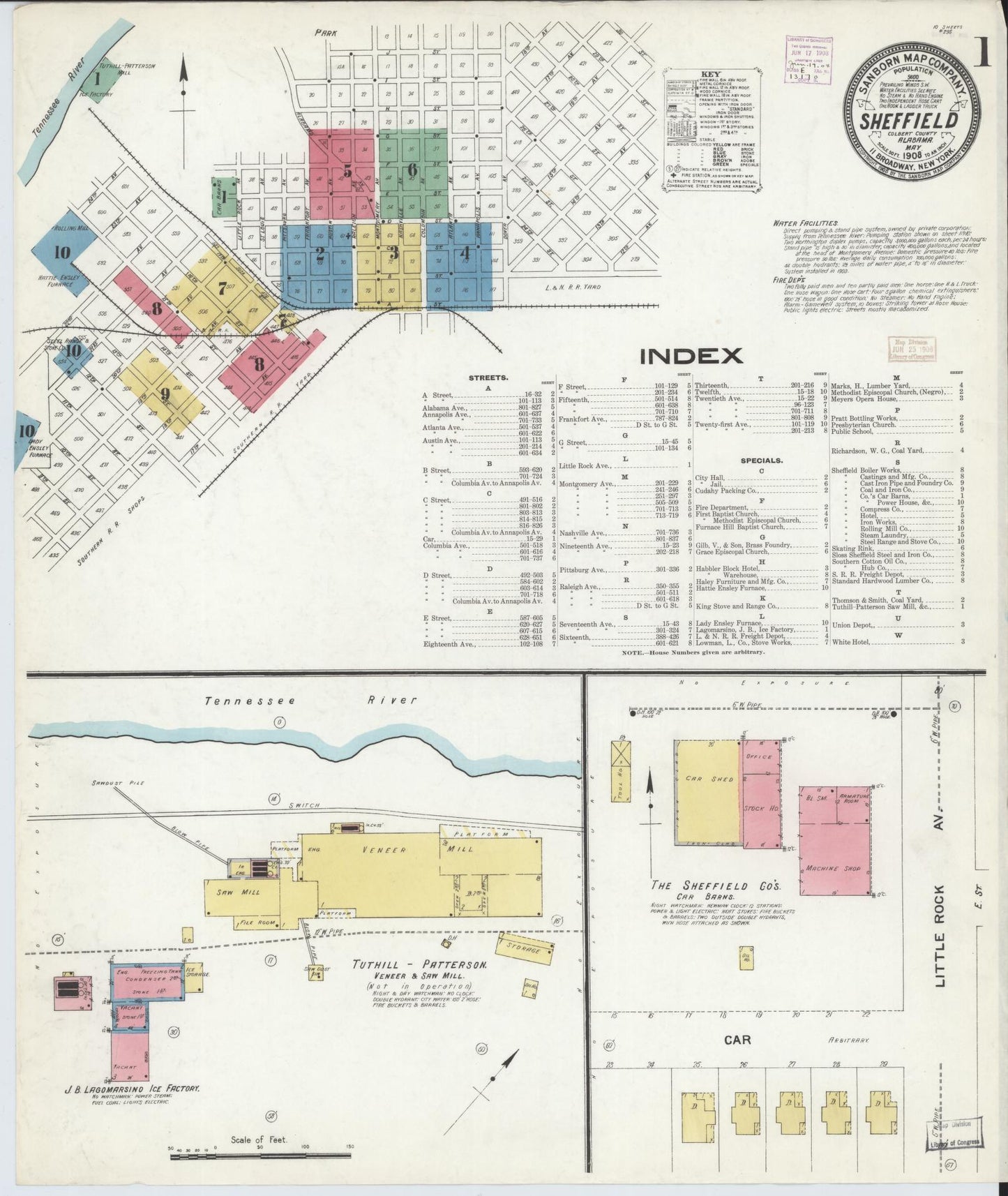 Sanborn Fire Insurance Map from Sheffield, Colbert County, Alabama (1908), Sheet #0001 - Historic Sanborn Fire Insurance Map Print, vintage old map wall art, antique decor, genealogy gift, Alabama Alabama map
