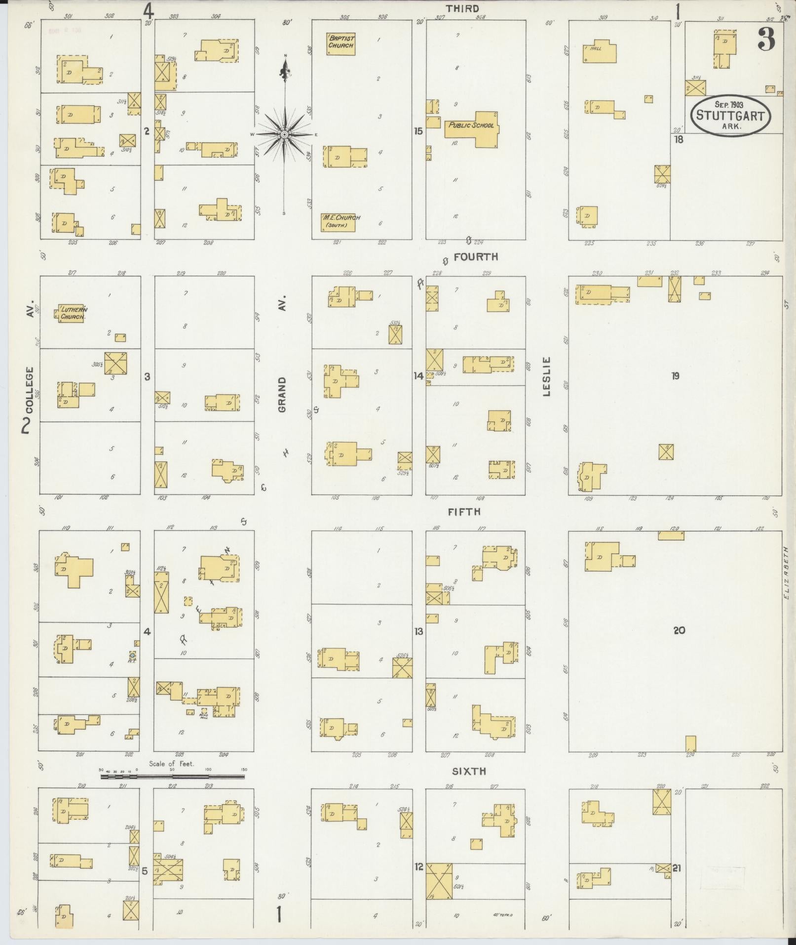 Sanborn Fire Insurance Map from Stuttgart, Arkansas County, Arkansas (1903), Sheet #0003 - Historic Sanborn Fire Insurance Map Print, vintage old map wall art, antique decor, genealogy gift, Stuttgart Arkansas map