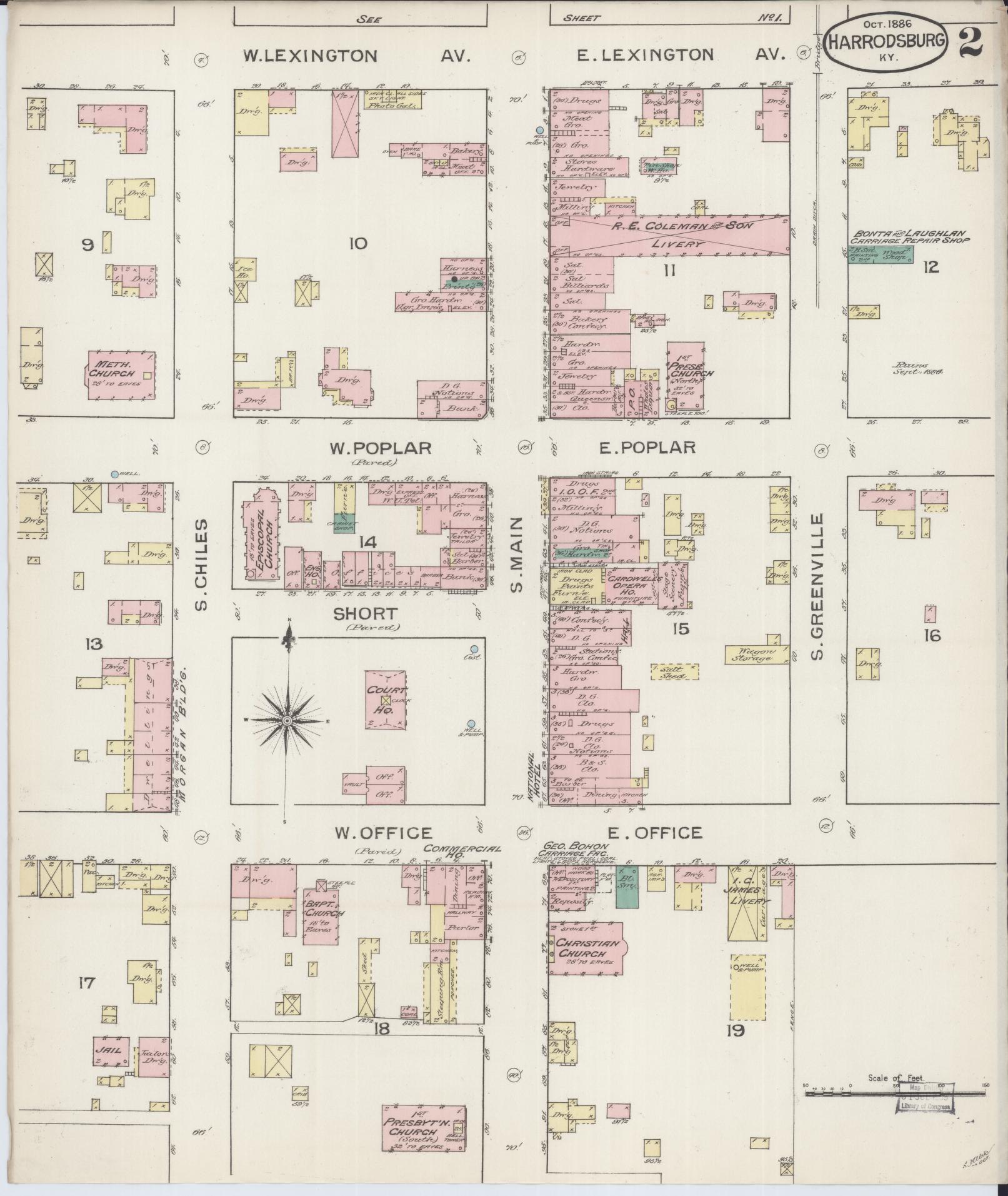 Sanborn Fire Insurance Map from Harrodsburg, Mercer County, Kentucky (1886), Sheet #0002 - Complete Map Set gallery image, historic Sanborn map, vintage wall art, Kentucky Kentucky